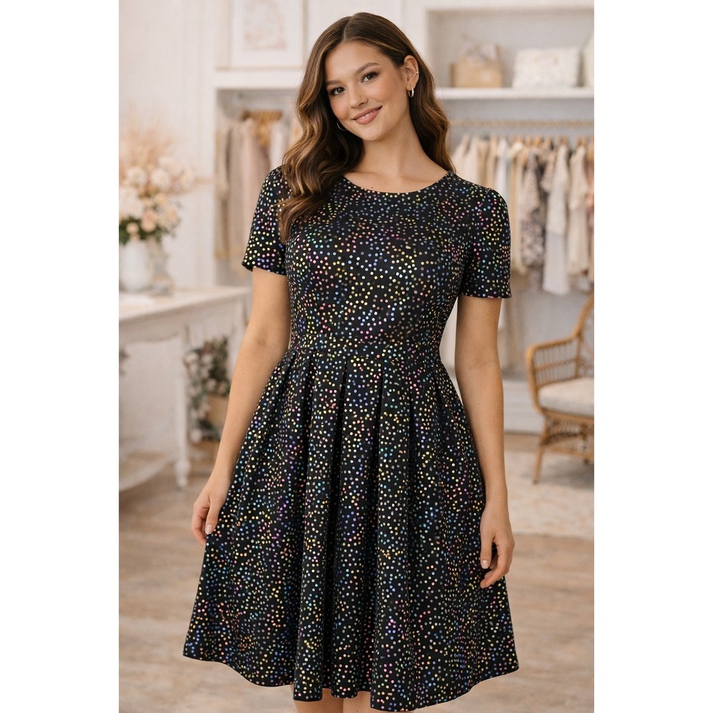 WB10 LuLaRoe Black Rainbow Sequin Fit Flare Short Sleeve Midi‎ Dress M Amelia